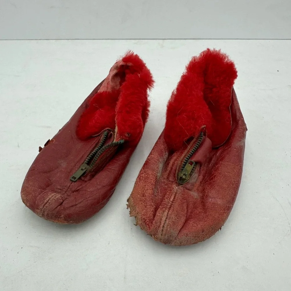 Vintage Kids Red Leather‎ Shearling Lined Zip Up Bootie Slippers Fur Trim Fair